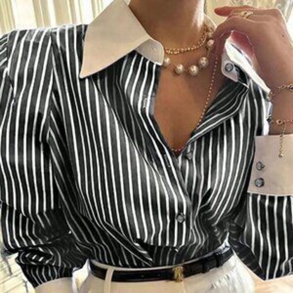 Black Casual Women's Button Down Long Sleeve Loose Fit Striped Blouse - Picture 2 of 4